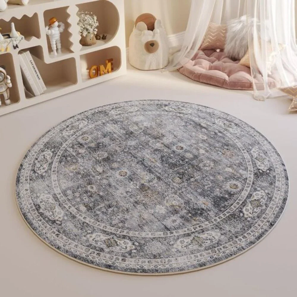 New 4ft Washable Grey Circular Rug, Non-Slip Low Pile Carpet for Bedroom & Dorm